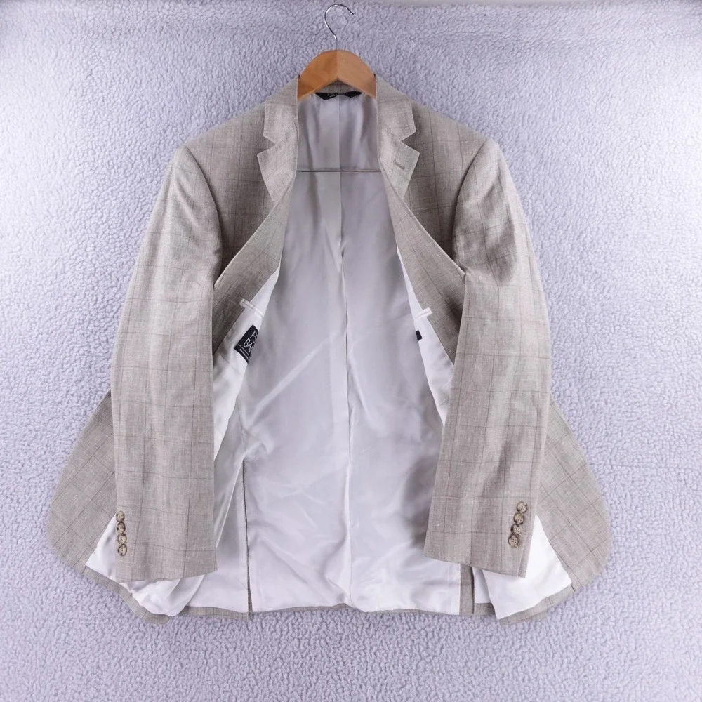 Jos. A. Bank Executive Blazer Mens 39R Tan Windowpane Linen Wool Silk Sport Coat